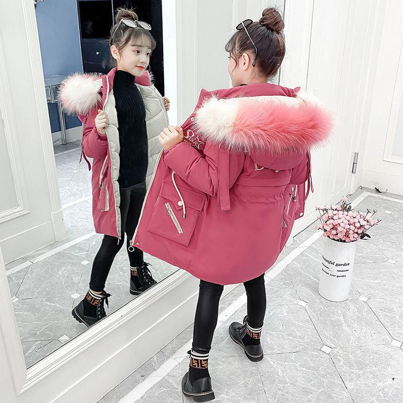 Girls' Warm Cotton Coat Thicken Coat Mid-length Cotton-padded Jacket with Color Fur Collar