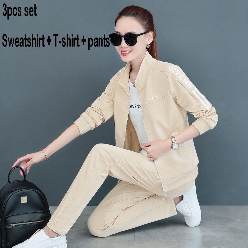 Long-sleeved casual sweatshirt set large size spring and autumn women's 3pcs set wild