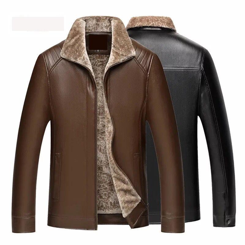 Pure Color Men's Casual Leather Jacket Plus Velvet Thick Leather Jacket Hooded Leather Jacket Men