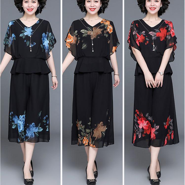 WTEMPO 2pcs Chiffon Shirt Pants Suit Spring and Summer Women's Plus Size Short  Sleeve Loose Casual Two-piece Set