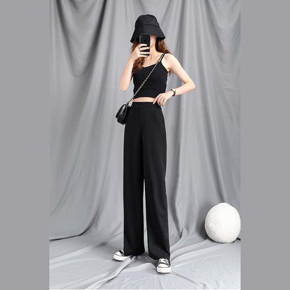 WTEMPO Women's Wide-leg Pants Super Long Elastic Waist Straight Loose Mid Waist Pure Color Trousers Casual and Elegant Daily