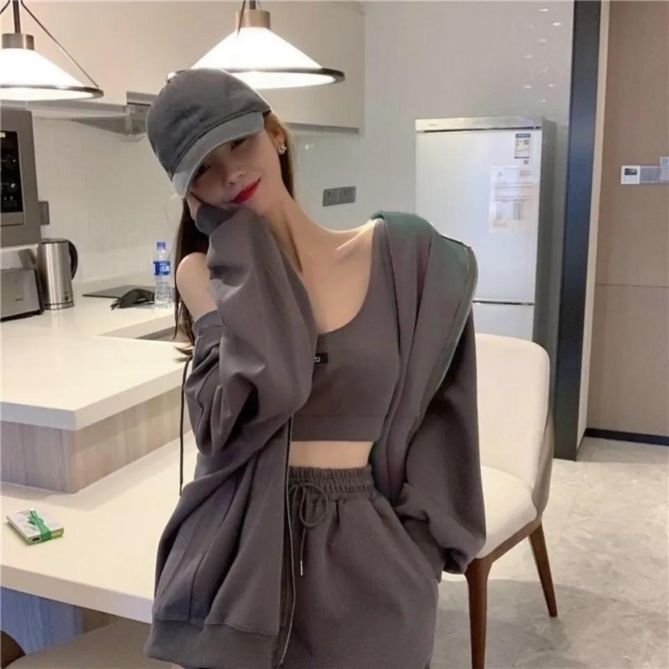 3PCS Ladies Casual Sports Suit Spring and Summer Cool Girl Loose Thin Sweater Zipper Cardigan + Vest + Wide Leg Shorts Three-piece Set Tracksuits