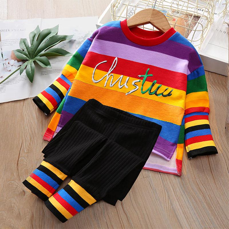 Girl's Suit Autumn Korean Version of The Baby Girl Rainbow Casual Suit Child Western Style Striped Two-piece Suit