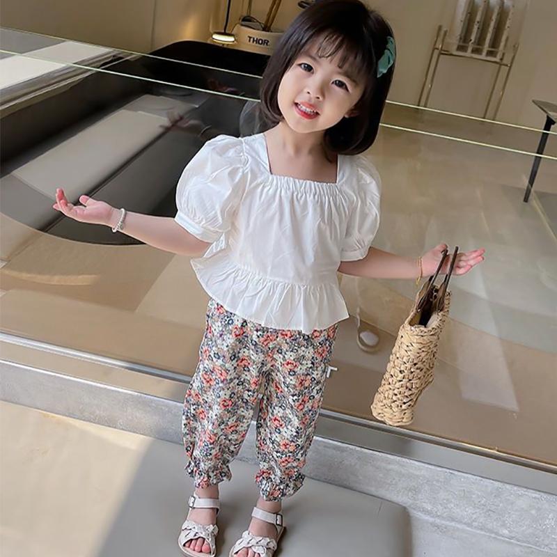 Kids' Suit Summer Thin Girls' Korean Version Floral Print T Shirt Mosquito Proof Pants Childer Two Piece Set