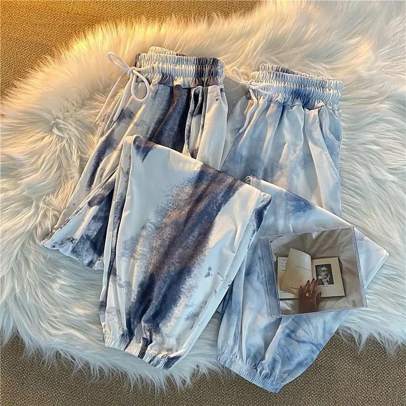 Women Spring Summer Long Pants Vintage High Waist Casual Pants Elastic Waist Loose Versatile Streetwear Tie Dyed Jogger Pants