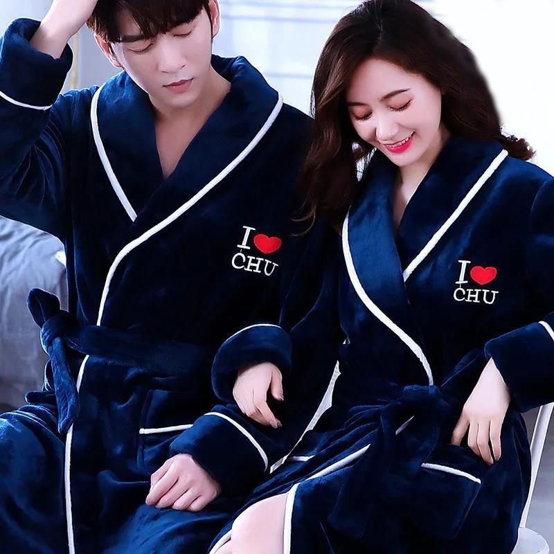 Large Size Couple Robe Coat Men Home Clothes Ladies Pajamas Heart-shaped Chest Badge Bathrobe Long