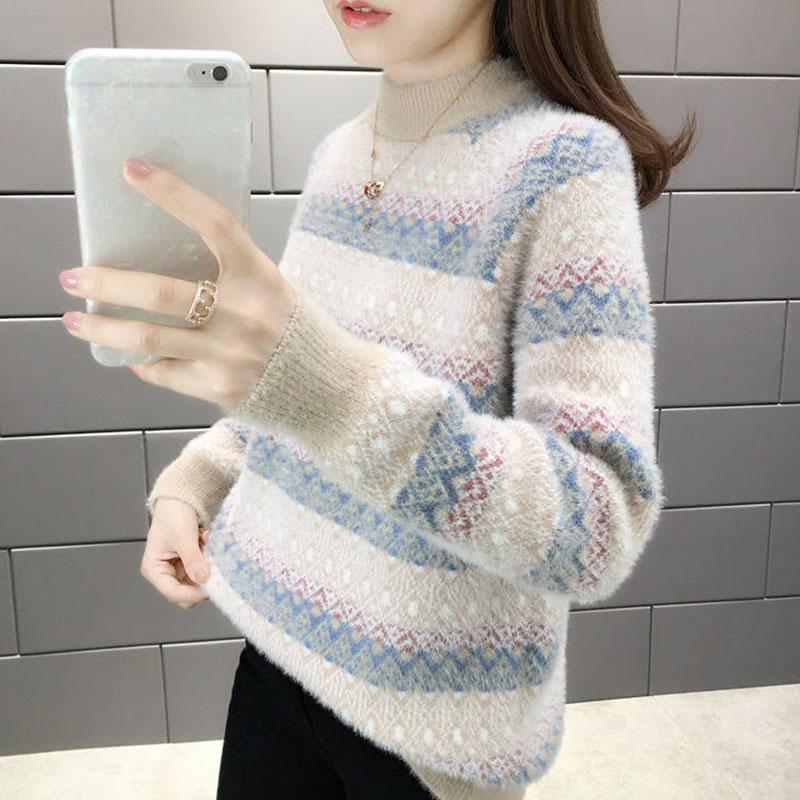 Autumn and Winter Mohair Loose Sweater Casual Jacquard Knitted Bottoming Shirt Thickened Pullover Women's Sweater