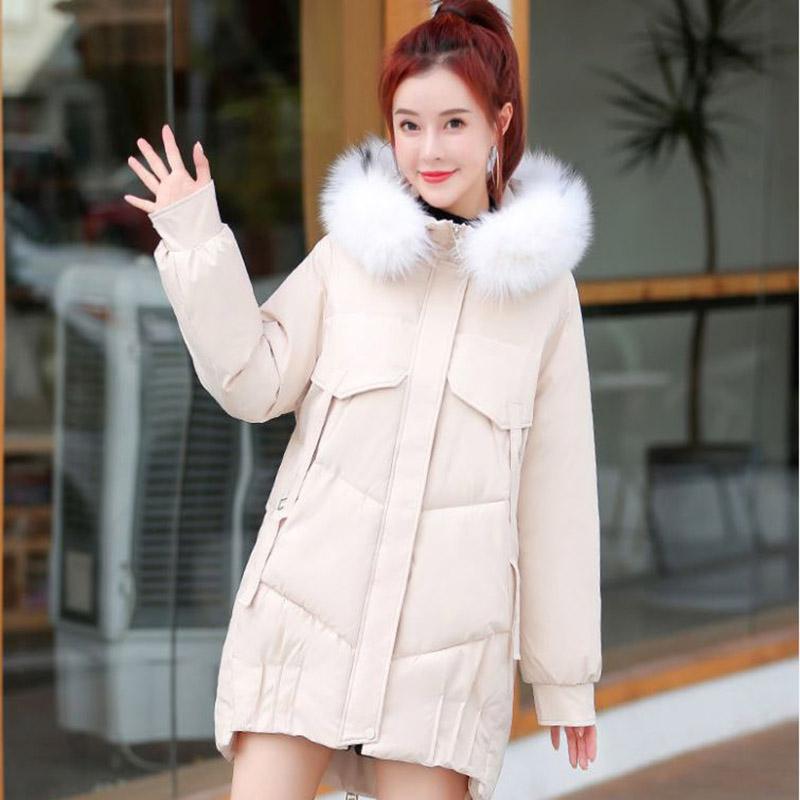 Winter Women's Big Fur Collar Down Jacket Solid Color Hooded Cotton Jacket Mid-length Korean Version of Slim and Thick Warm Down Jacket