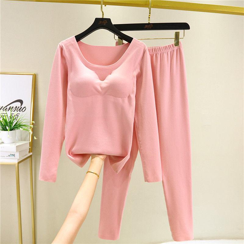 All-in-one Thermal Underwear Set with Chest Pad Two-piece Female Autumn Winter Plus Velvet Self-heating Bottoming Shirt