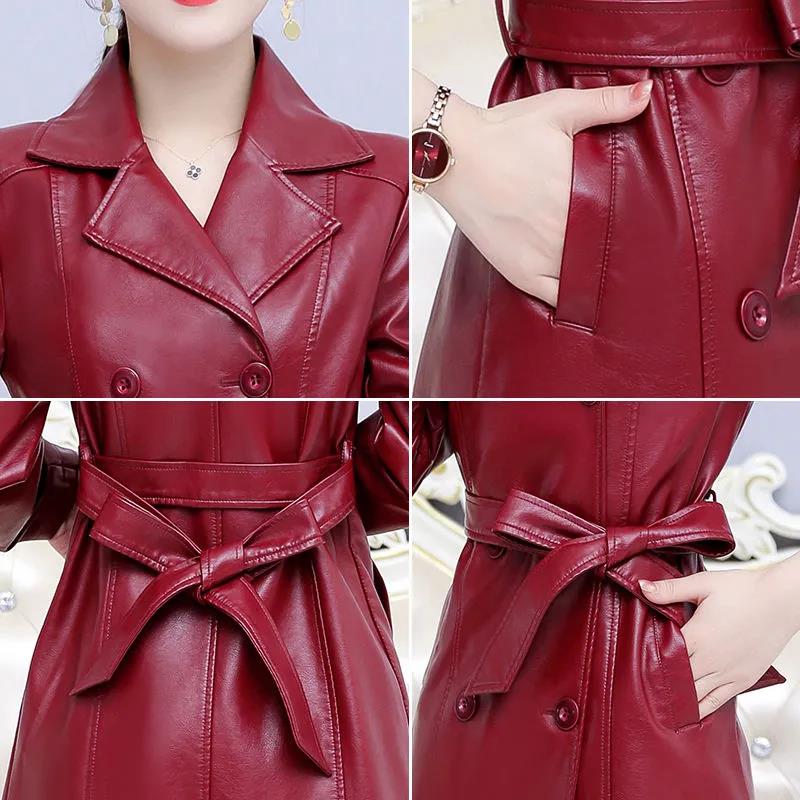 Leather Women's Mid-length Korean Slim Large Size Thicken Leather Windbreaker Jacket Women's Autumn/Winter Jacket