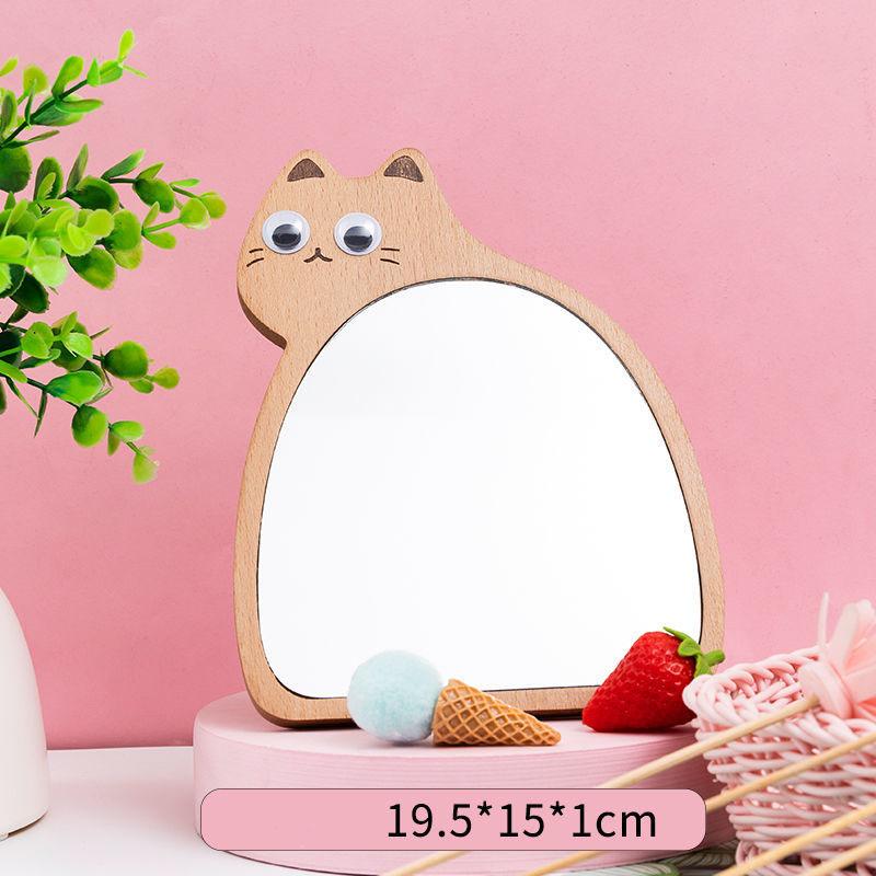 Women Cartoon Wooden Mirror Desktop Portable HD Thin Light Travel Out Household Essentials Single-sided Makeup Mirror