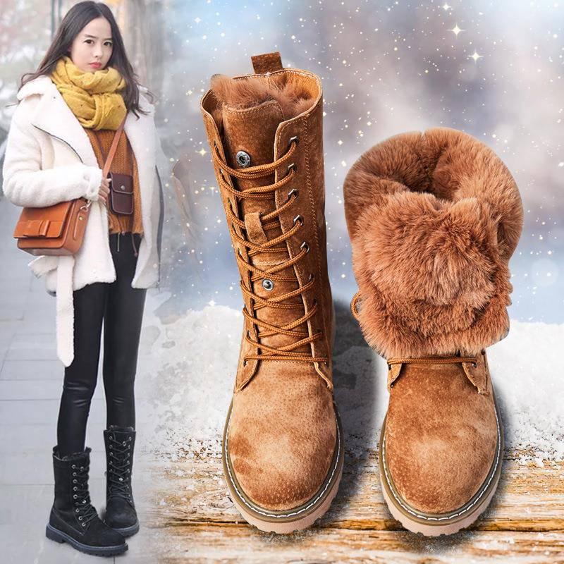 Women Boots Winter Fur Martin Boots Female Leather Snow Boots Women High Tube Warm Cotton Boots