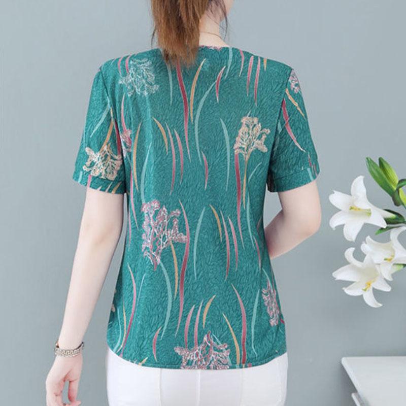 Women Thin Gauze Shirt Flower Print T-shirt Summer Short Sleeve Shirt Casual Tunic Pullover