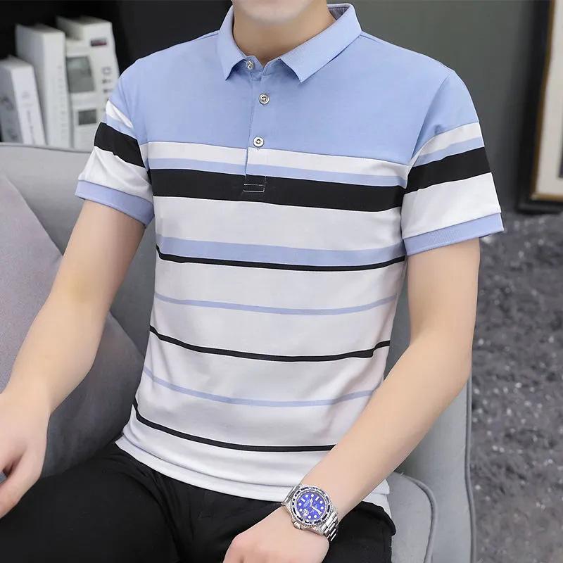 Summer Men's Short-sleeved T-shirt Lapel Stitching Slim Polo Shirt Striped Top Men's Cotton T-shirt Half Sleeve