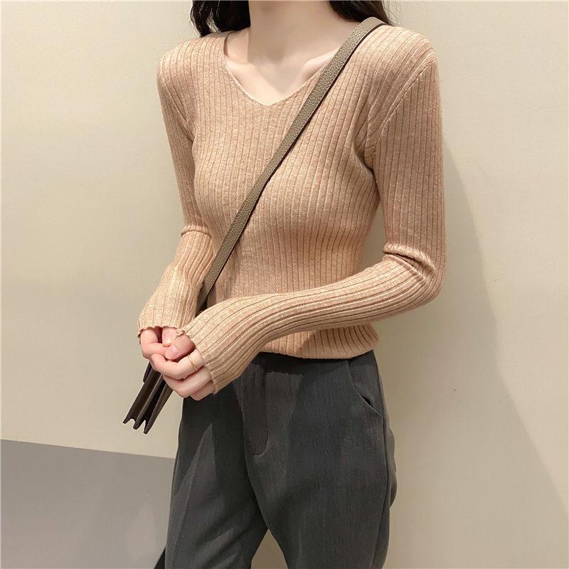 V-neck Bottoming Shirt Women's Autumn and Winter Wear A New Slim and Thin Knitted Long-sleeved Korean Version of The Wild Striped Shirt