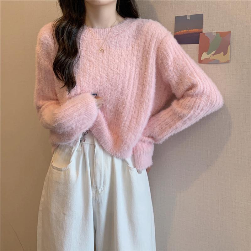 Pink Sweater Women Knitted Pullover Sweater O Neck Long Sleeve Loose Casual Jumper Furry Fall Winter Women Sweater Cropped Tops Short Clothes