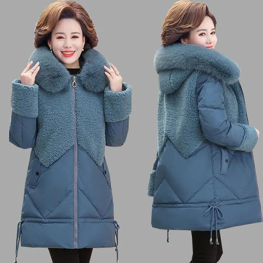 Women's Solid Color Down Jacket Mid-length Korean Loose Thick Coat Warm Cotton Coat Big Fur Collar Winter Clothes Quilted Coat