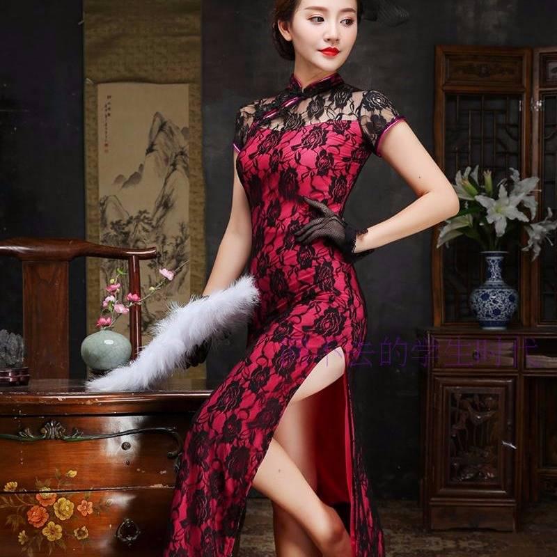 Plus Size Women Lace Classic Long Cheongsam Rayon Floral Elegant Evening Party Dress Traditional