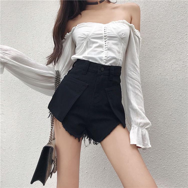 WTEMPO Summer Big Pocket Denim Shorts Women High Waist Fashion Irregular Rough Edge A-line Wide-leg Pants