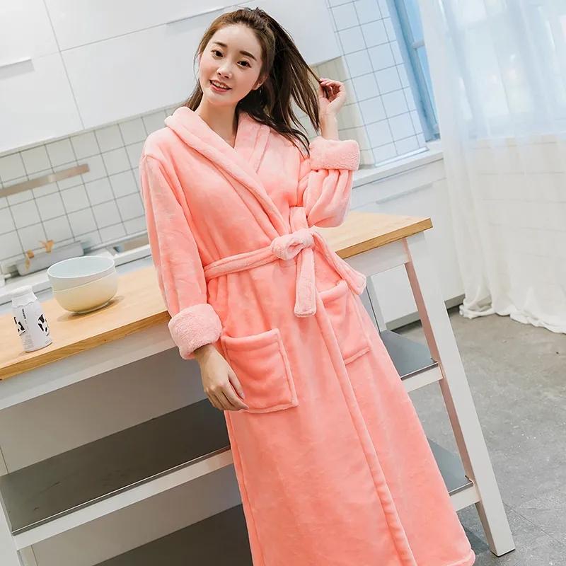 Autumn Winter Flannel Nightgown Robe Thick Long Coral Fleece Bathrobe Loose Pajama Dress Women's Winter Warm Long Sleeves Sleepwear