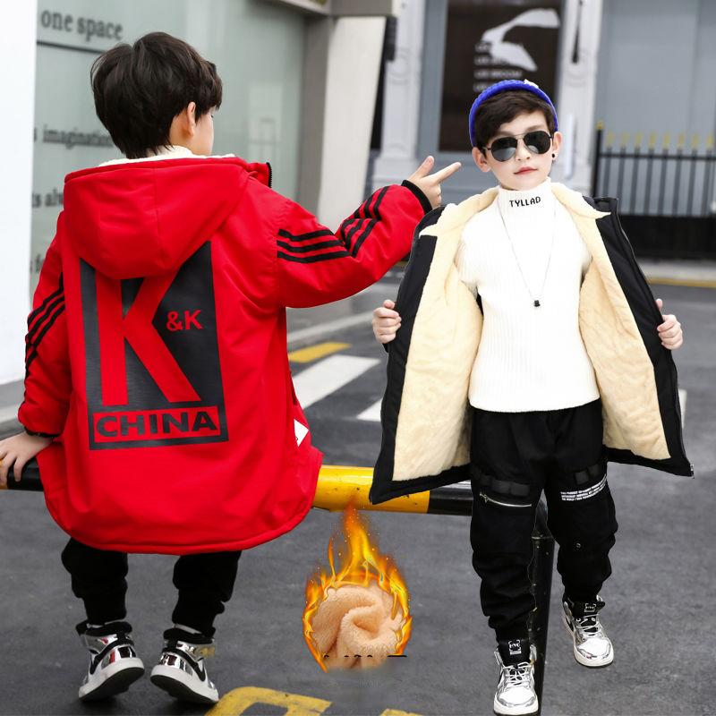 Winter Children's Coat Plus Velvet Thick Coat Hooded Boys Winter Fashion Mid-length Kids Winter Snowsuits