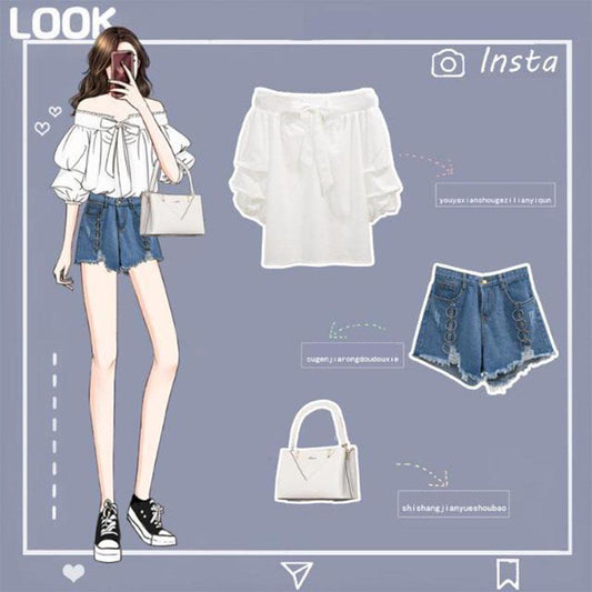 Summer Women's Shorts Set Off Shoulder Slash Neck Bubble Sleeves Blouse Tops and Denim Shorts Two-piece Set