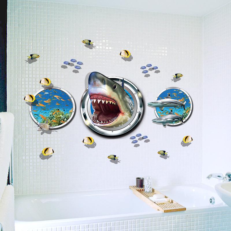 Bathroom decoration pvc wall sticker shark 3D transparent PVC removable fish wallpaper