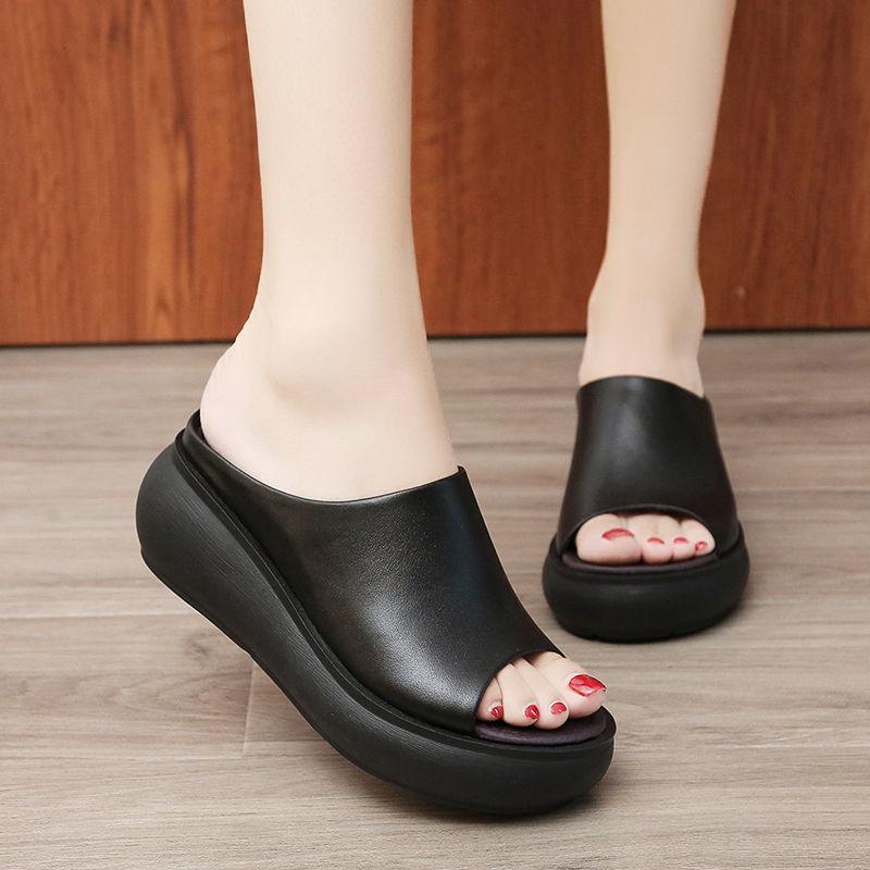 Women Sandals Platform Wedge PU Leather Mules Open Toe Slides Shoes Summer High Heels Sandals