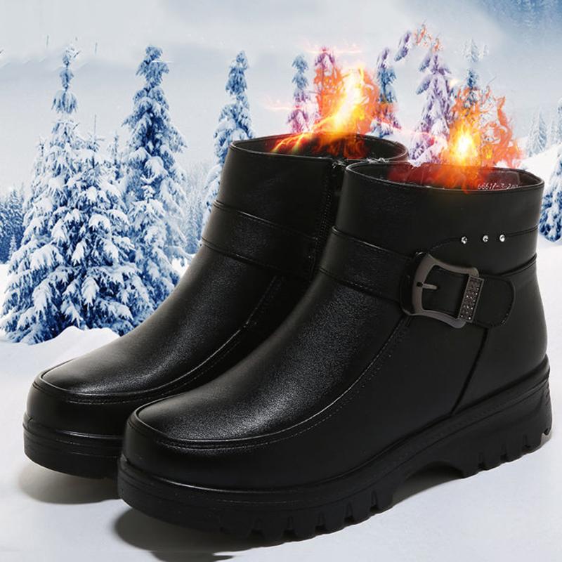 Winter Women's Snow Cotton Shoes Plush Padded Boots Non-slip Soft Flat Leather Shoes Mom's Cotton Boots