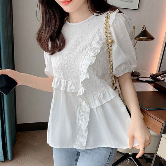 White Summer Short-sleeved Women's Design Sense Niche Fashion Casual Small Shirt Puff Sleeve Chiffon Top