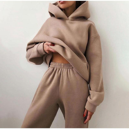 2PCS Women's Tracksuit Solid Hooded Sport Suits Autumn Warm Hoodie Casual Long Sleeve Sweatshirts and Long Pant Fleece Two Piece Sets