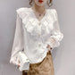 Women Summer Petal Sleeve Hollow Out Flower Lace Patchwork Shirt Slim Elegant Female Versatile Blouse Chic Button Top