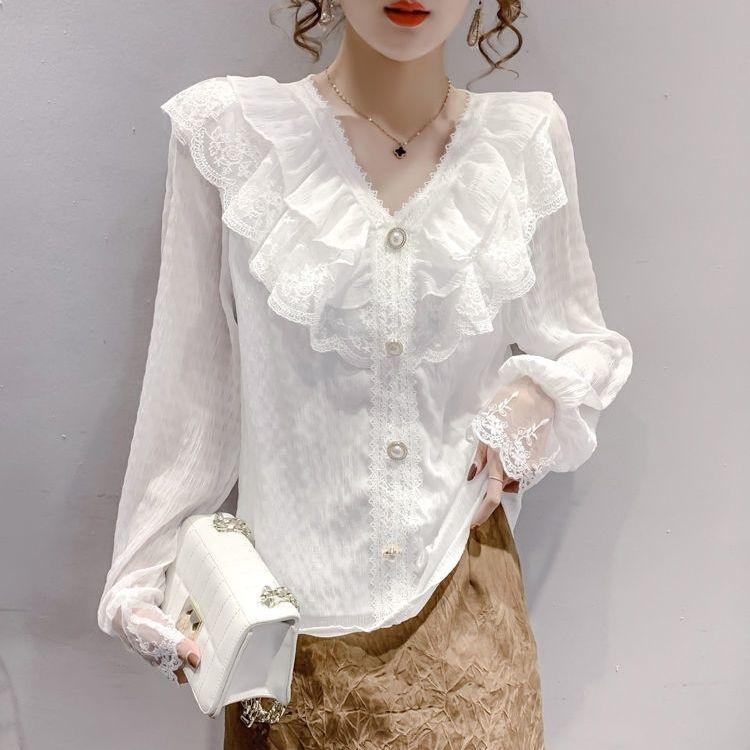 Women Summer Petal Sleeve Hollow Out Flower Lace Patchwork Shirt Slim Elegant Female Versatile Blouse Chic Button Top