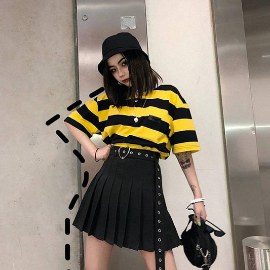 Women Summer Anti-walkout High Waist Slim Skirt Wild Black Pleated Skirt Hip Hop A-line Skirts Belt