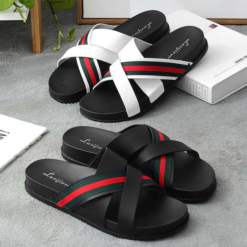 Size40-45 Summer Men Sandals Comfortable Non-slip PU Leather Beach Slippers Casual Outdoor Slippers Cross Alphabet Drag Flip Flops