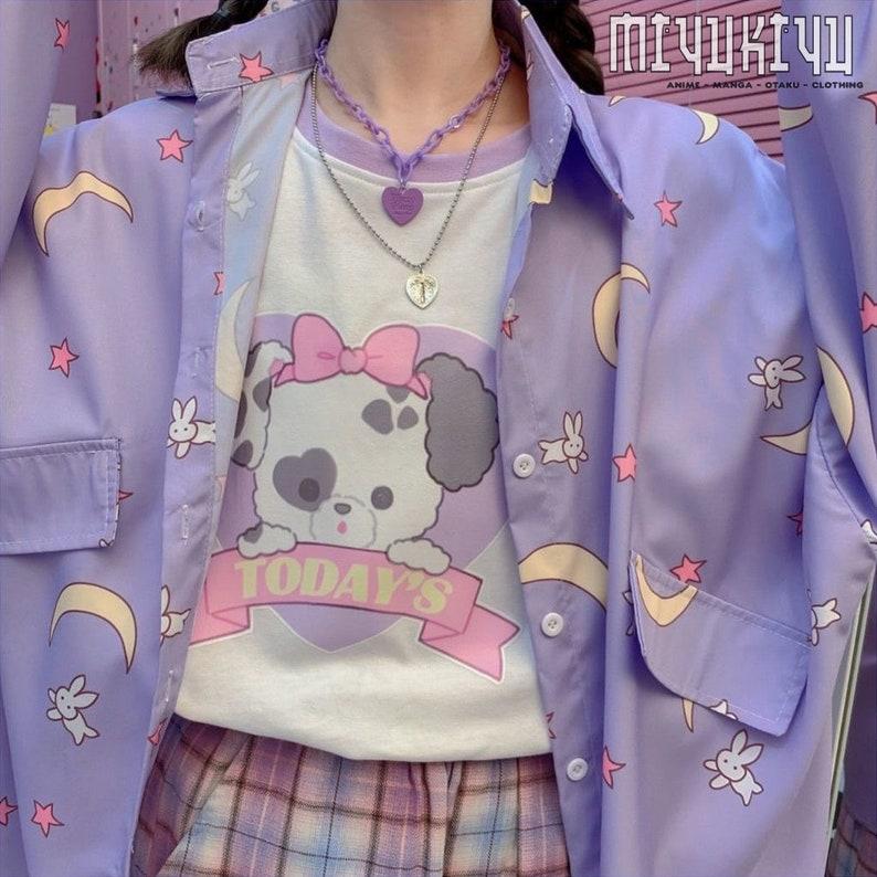 Moon Shirt Ladies Lavender Loose Versatile Long Sleeve Shirt Cute Polo Collar Print Cartoon Shirt Jacket