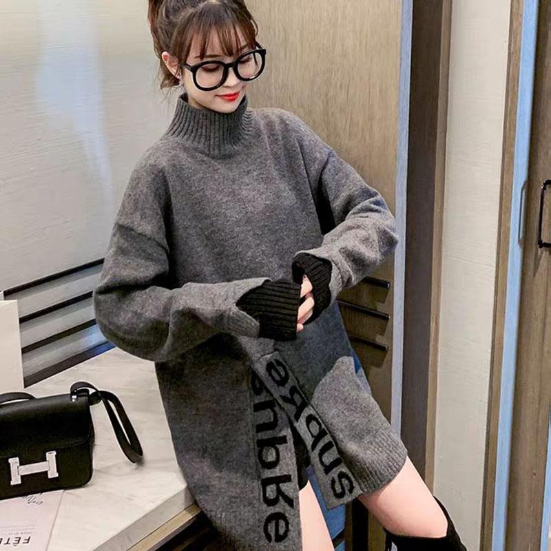 Autumn and Winter Half High Neck Mid-length Sweater Loose Casual Pullover Top Fashion Knitted Women Sweater