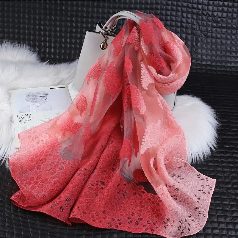 Women's Spring and Summer Two-color Gradient Silk Scarf Hollow Cut Flowers Organza Lace Gauze Scarf Shawl Long 190cm Thin Floral Neckerchief Shawl