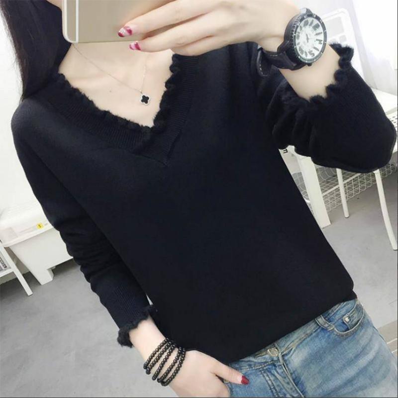 Solid Color Wild V-neck Sweater Knitted Bottoming Long-sleeved Loose Pullover Sweater