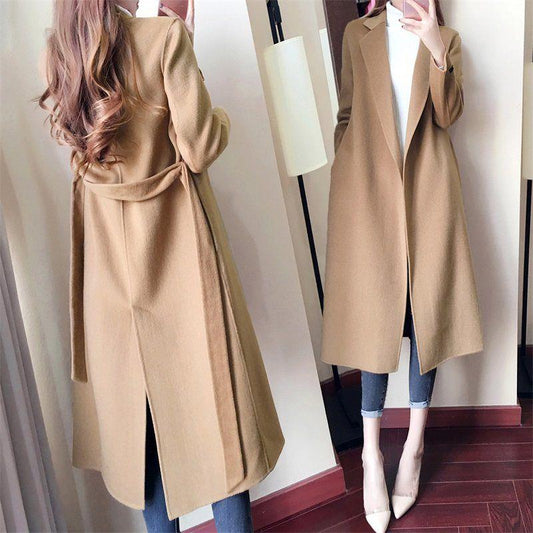 Autumn Winter Coat Women Casual Wool Jackets Blazers Female Belt Long Coat Ladies Plus Size 4XL