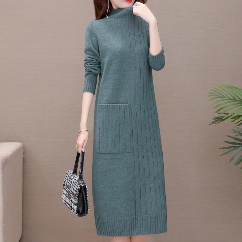 Autumn and Winter Mid-length Knitted Dress Women's Pullover Solid Color Thickened Half High Collar Bottoming Knitted Dress