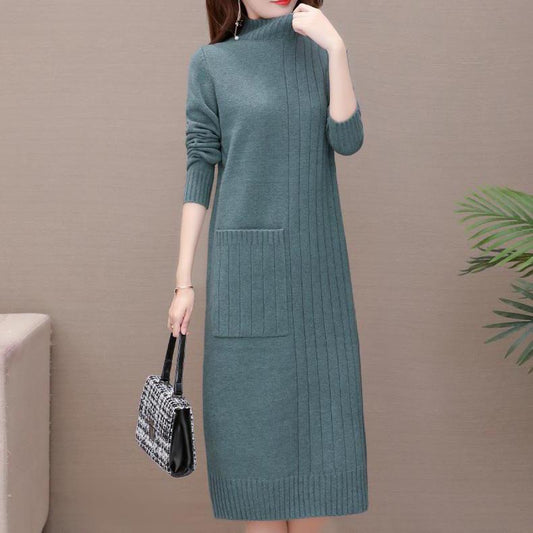 Autumn and Winter Mid-length Knitted Dress Women's Pullover Solid Color Thickened Half High Collar Bottoming Knitted Dress