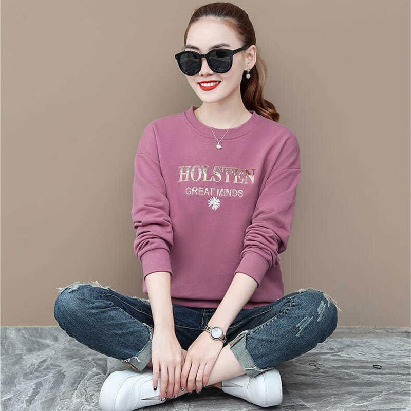 Cotton Spring and Autumn Women's Round Neck Loose Sweater Fashion All-match Bottoming Shirt Long-sleeved Top