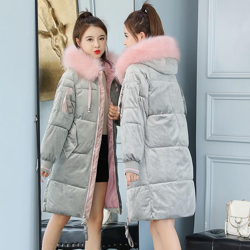 Gold Velvet Winter Korean Style Cotton-padded Jacket Women's Thick Mid-length Bread Large Fur Collar Jacket