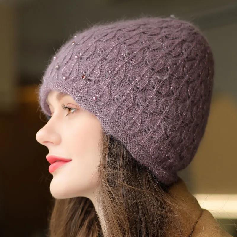 Women's Hat Autumn Winter Thickening Warm Beret Hat Cold-proof Rabbit Fur Blended Knitted Hat Windproof Beanies Cap Headgears Solid Pearl Decor Hat