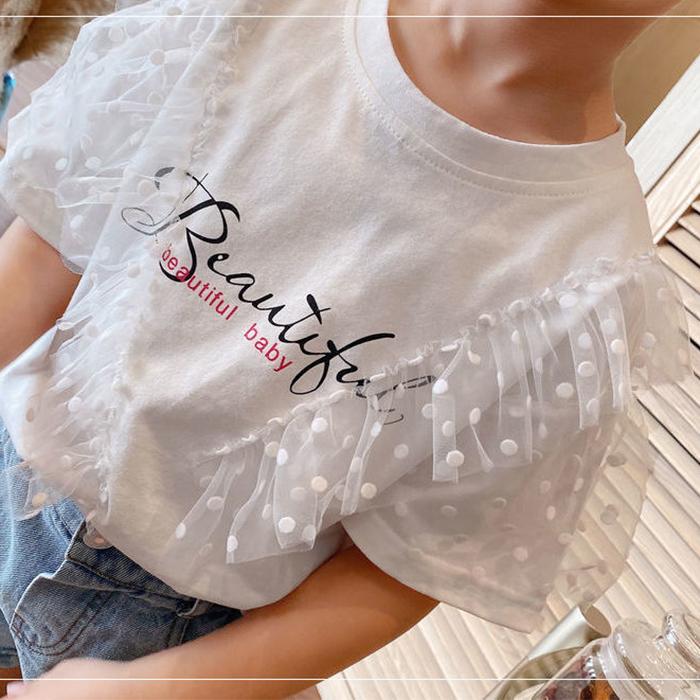 Girls' Summer T Shirt Girls' Printing Yarn Shirt Loose Version 1-8 Years Old Children's Short Sleeve Shirt Dots Folded Ruffles T Shirt