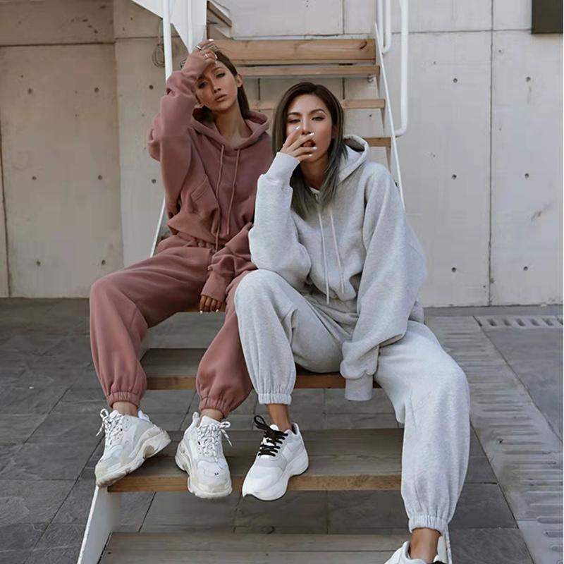 2PCS Autumn Winter Women's Casual Sweater Jacket Sports Suit Solid Color Hooded Sweater Casual Two Piece Set Tracksuits Athletic Clothing