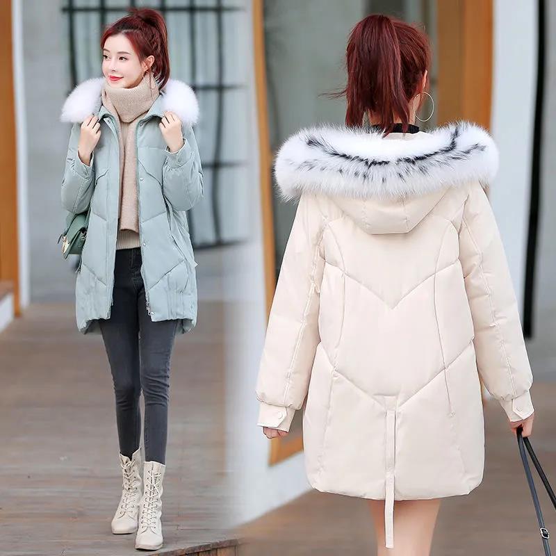 Winter Women's Big Fur Collar Down Jacket Solid Color Hooded Cotton Jacket Mid-length Korean Version of Slim and Thick Warm Down Jacket