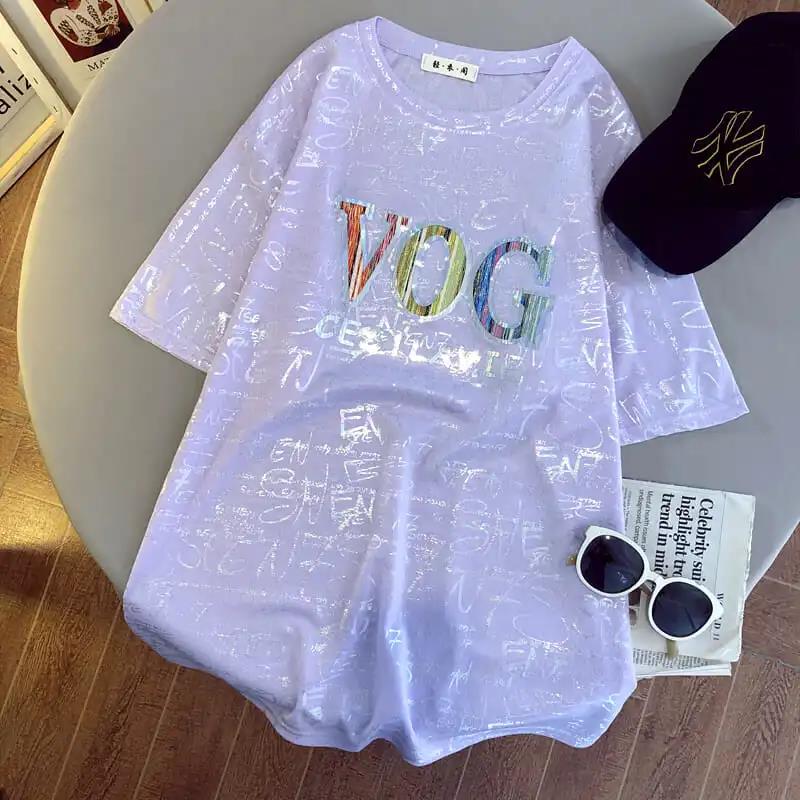 Glossy Letters Mid-length Short-sleeved T-shirt Women Loose Wild All-match Hedging Sunscreen Top Ladies Loose Casual Mid-length T-shirt