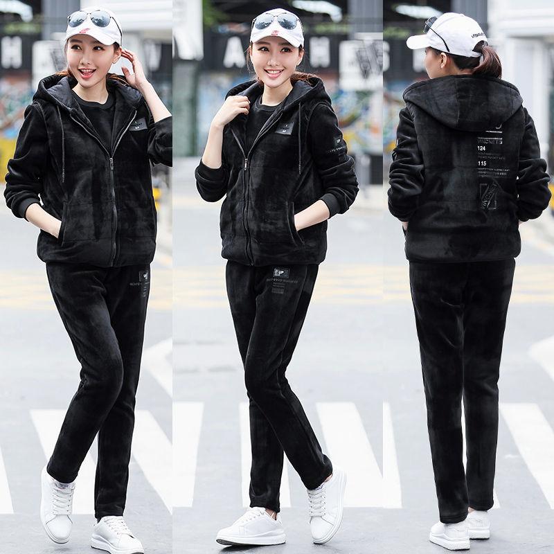 Winter Gold Velvet Women's Sweater Suit Korean Fashion Casual Sports Suit Plus Velvet Thick Three-piece Suit